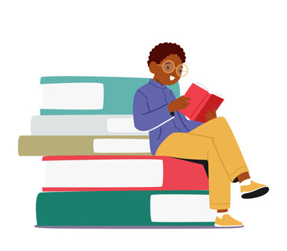 School Boy Student Prepare to Exam, Schoolboy Sitting on Pile of Textbooks Reading Book. Kid Character School Education