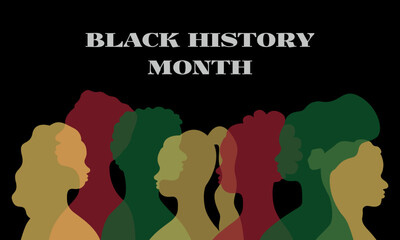 Black history month. February celebration. Freedom month banner. Silhouettes of african american persons in profile. African men and women. June 19 holiday. Vector poster illustration