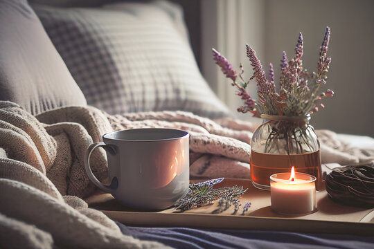 Cozy Winter Morning At Home With Hot Coffee, Warm Blanket, Candle Lights, Heather Lavender Flowers