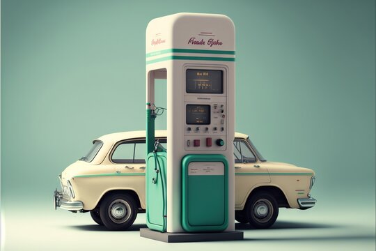  a car is parked next to a gas pump with a digital interface on it's side and a digital interface on the front of the gas pump to the side of the car is a.