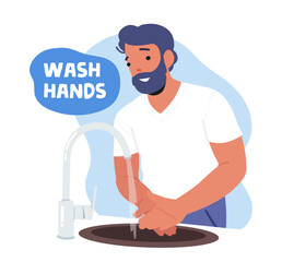 Man Washing Hands, Hygiene Procedure Banner with Male Character Wash Palms with Soap under Water Jet