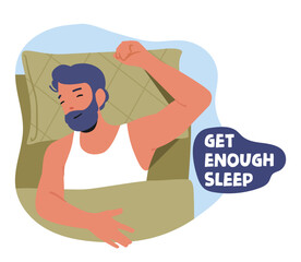 Get Enough Sleep Banner, Advice for Immunity Boost, Healthy Lifestyle and Wellness with Relaxed Male Character in Bed