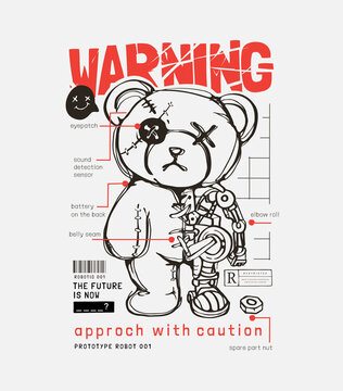 warning slogan with bear doll robot anatomy vector illustration