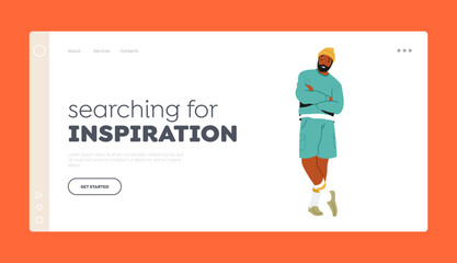 Obraz na płótnie Canvas Searching for Inspiration Landing Page Template. Male Character in Trendy Clothes. Creative Person with Crossed Arms