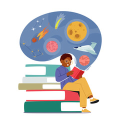 School Boy Student Character Reading Book about Space Interstellar Travel. Back to School, Education or Learning Concept