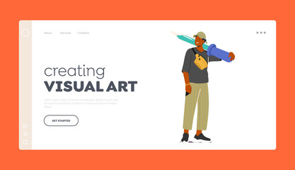 Designer Creating Visual Art Landing Page Template. Creative Artist Male Character Wear Trendy Clothes Hold Huge Pipette