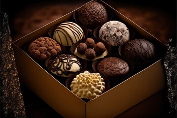  a box of chocolates with different types of toppings in it on a table top with a black background and a black background with a black border around the box of chocolates and white.