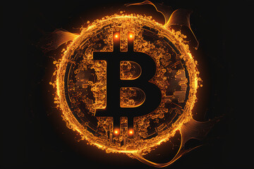 Bitcoin currency sign in digital cyberspace. Generative AI.