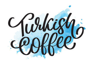 Turkish Coffee letter vector logo, typography, sign in black and white. Advertising poster or template design. Modern lettering logotype, coffee signboard. Design elements. Vector illustration.
