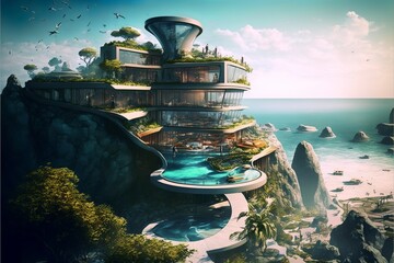 Futuristic and modern holiday hotel and resort up in the hill , in the tropical island with pool 