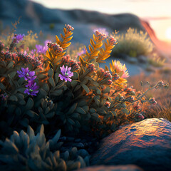 Photos with flowers at sunset in the mountains
