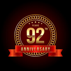 92th Anniversary. Anniversary logo design with gold color text and red ribbon for anniversary celebration event. Logo Vector Illustration