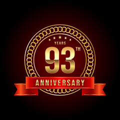 93th Anniversary. Anniversary logo design with gold color text and red ribbon for anniversary celebration event. Logo Vector Illustration