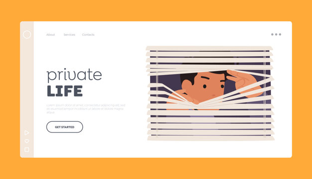 Private Life Landing Page Template. Male Character Spying through Blinds on Window Detective, Curious Neighbor