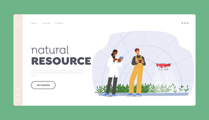 Natural Resource Landing Page Template. Farmer Characters Manage Smart Farm or Greenhouse With Drone Technology