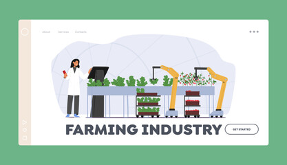 Farming Industry Landing Page Template. Farmer Character Harvesting Crop Using Automated Robotics Technologies