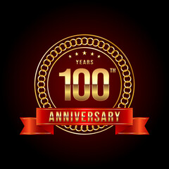 100th Anniversary. Anniversary logo design with gold color text and red ribbon for anniversary celebration event. Logo Vector Illustration
