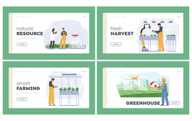 Smart Farming and Greenhouse Innovative Technologies Landing Page Template Set. Character Control Plants Cultivation