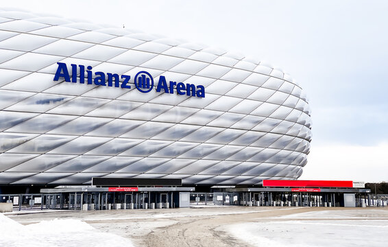 view of the exterior of the Allianz Arena in Munich on a cloudy day