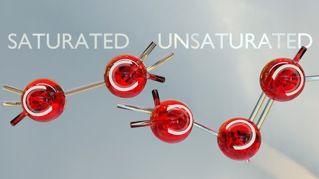 saturated and unsaturated fatty acids, triglyceride, triacylglycerol, triacylglyceride lipid, glycerol and 3 fatty acids, body fat in humans, structure formula, ball-and-stick model, 3d render