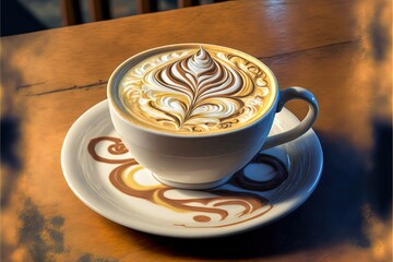  a cup of coffee with a swirl design on it on a saucer on a wooden table with a chair in the background and a wooden table with a wooden table and chairs and a.