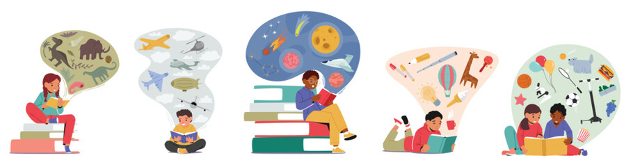 Children in Library, Back to School, Education, Knowledge Concept. Little Kids Reading Books, Boys and Girls Learning