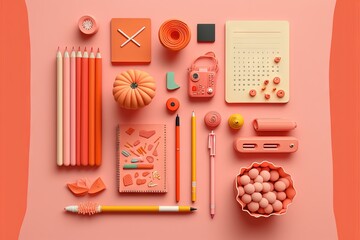  a pink desk with a variety of items on it and a pencil, ruler, pencil holder, and other items on it, all arranged in a flat lay out on a pink background.