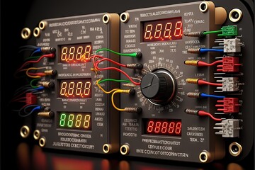  a close up of a clock with many wires and numbers on it's face and a timer on the front of the clock, and a red, green, yellow, red, blue, yellow, and red, and green, and white, and black