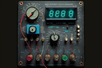  a clock and some other electronic devices on a table top with a black background and a red and green timer and some wires and wires on the board with the time is on the clock.