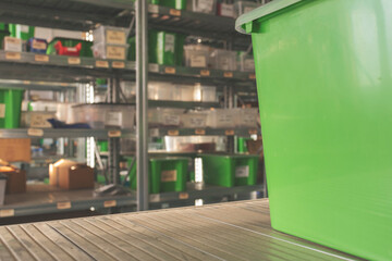 High angle vew of shelves and boxes in a modern industry warehouse store. Copy space.