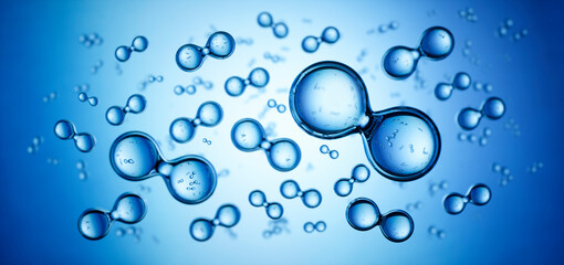 Models of hydrogen molecules floating against blue background - H2 scientific element - obrazy, fototapety, plakaty