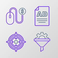 Set line Sales funnel with gear, Target, Advertising and icon. Vector