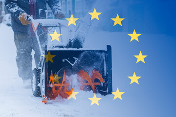  European Union of stars in a circle on the background of snow removal