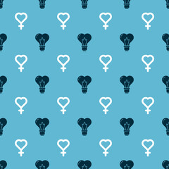 Set Heart shape in a light bulb and Female gender symbol on seamless pattern. Vector