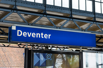 Deventer sign at the platform of the railway station