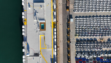 Aerial drone photo of international car terminal and Ro Ro boat terminal in Keratsini area, Piraeus, Attica, Greece