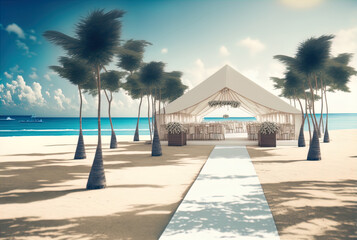 Fototapeta premium A destination wedding on the beach, with a tent for guests.