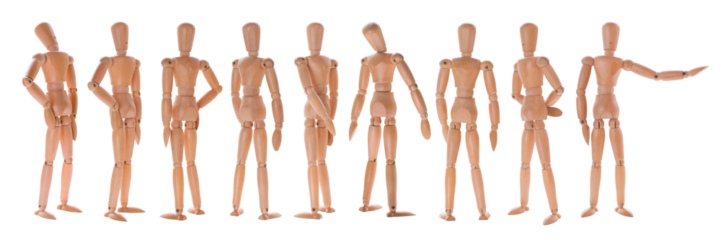 Staying in different poses wooden dummies set. Set of wooden mannequins isolated png with transparency