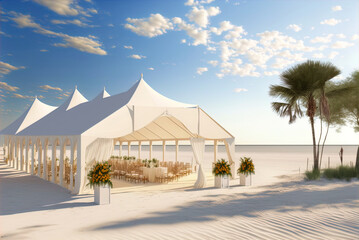 Fototapeta na wymiar A destination wedding on the beach, with a tent for guests.