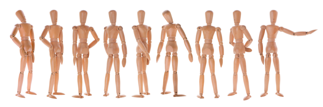 Staying in different poses wooden dummies set. Set of wooden mannequins isolated png with transparency - Powered by Adobe
