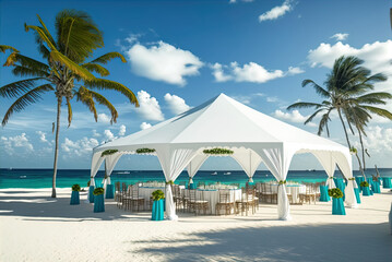 A destination wedding on the beach, with a tent for guests.