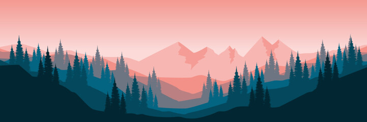 spring sunrise in the mountains with tree silhouette vector flat design illustration good for wallpaper, background, backdrop, banner, print, and design template