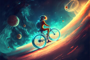 Fototapeta na wymiar A magician on a glowing bicycle