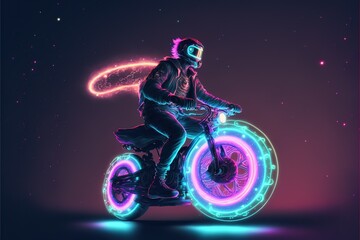 A magician on a glowing bicycle