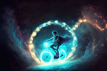 A magician on a glowing bicycle