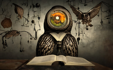 Generative AI, wise old owl in dark fantasy scene, detailed, imaginative illustration