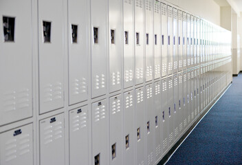 Lockers line a wall of a public school hallway.