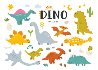 Collection of cute baby dinosaurs. Hand drawn brontosaurus, tyrannosaurus, pterodactyl, triceratops, stegosaurus, spinosaurus, plesiosaurus, ankylosaurus, velociraptor, parasaurolophus.