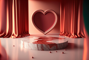 Red marble platform surrounded by silky curtains. Valentine's day concept. Generative AI.