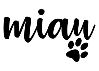Logo pet friendly. Letras de la palabra miau en español con silueta de zarpa de gato. Texto manuscrito miau